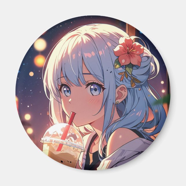 Kawaii Anime Girl Drinking Boba Magnet - Niedlich (Vorne)