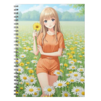Kawaii Anime Girl in Daisy Garden Notizblock