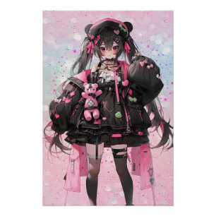 Kawaii Anime Girl in Rosa und Schwarz Poster