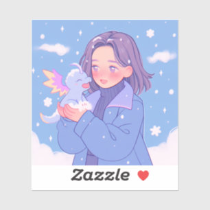 Kawaii Anime Girl mit Baby Dragon im Winterschnee Aufkleber