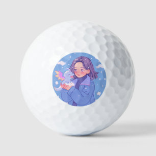 Kawaii Anime Girl mit Baby Dragon im Winterschnee Golfball