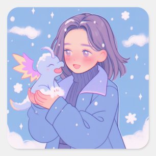 Kawaii Anime Girl mit Baby Dragon im Winterschnee Quadratischer Aufkleber