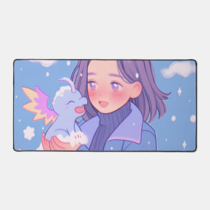 Kawaii Anime Girl mit Baby Dragon im Winterschnee Schreibtischunterlage