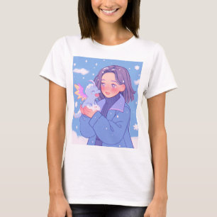 Kawaii Anime Girl mit Baby Dragon im Winterschnee T-Shirt