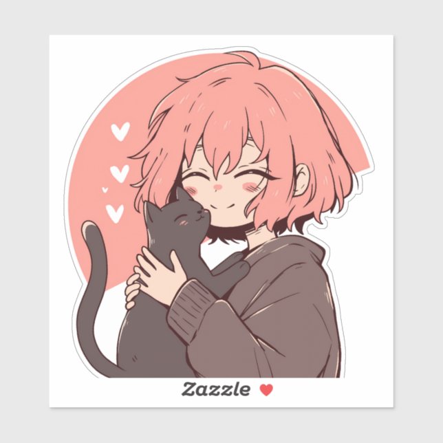 Kawaii Anime Girl mit schwarzer Katze auf rosa Hin Aufkleber (Blatt)