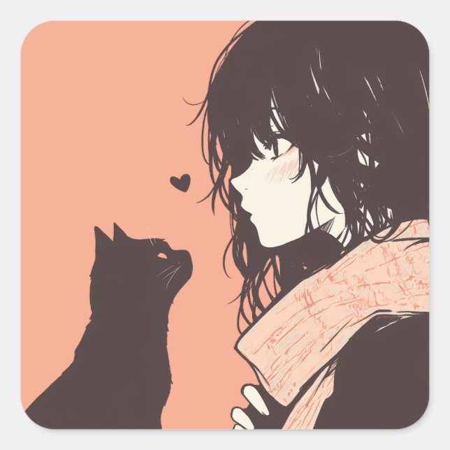 Kawaii Anime Girl mit schwarzer Katze Quadratischer Aufkleber (Vorderseite)