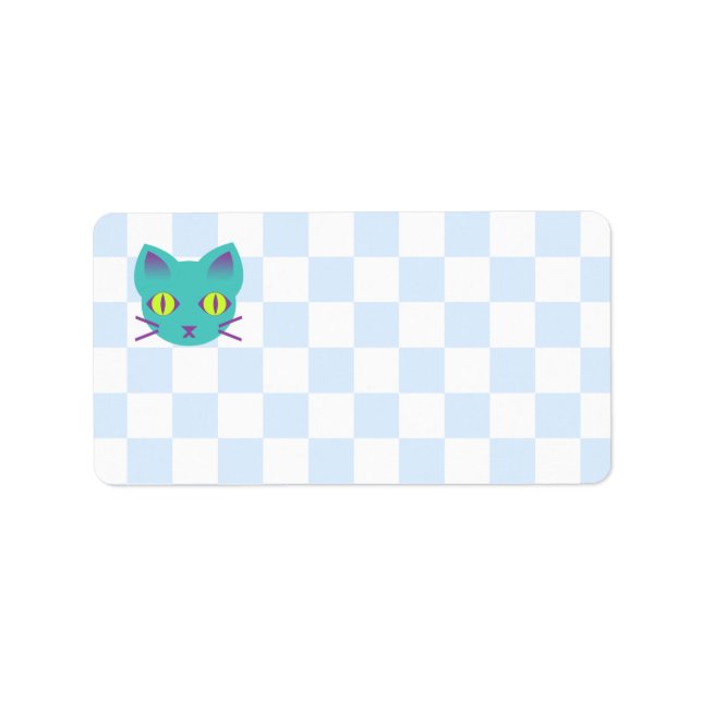 Kawaii Anime Kitty Cat Blue & White Checkerboard Adressaufkleber (Vorne)