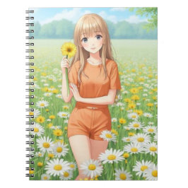 Kawaii-Anime-Mädchen im Gänseblümchengarten Notizblock
