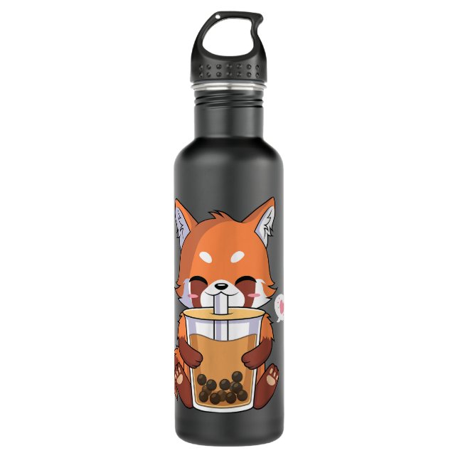 Kawaii Anime Red Panda trinkt Boba Bubble Tee Edelstahlflasche (Vorderseite)