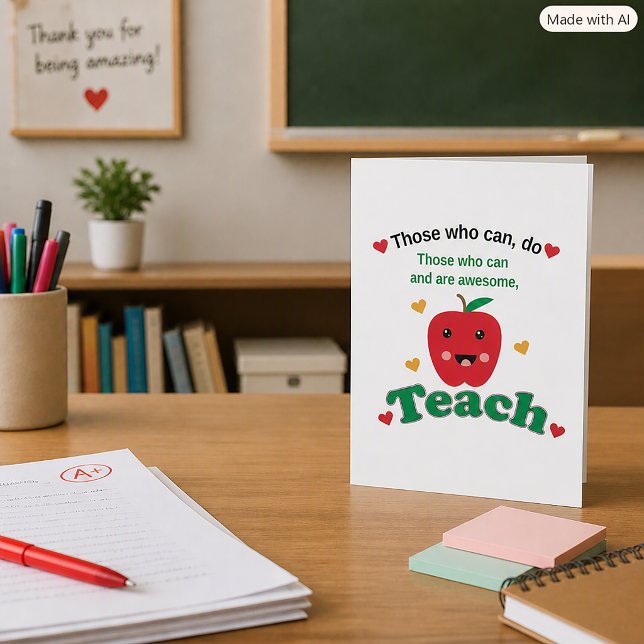 Kawaii Apple Lehrer Dankeschön Karte (A greeting card with an apple & the text, "Those who can, do.  Those who can and are awesome, teach.)