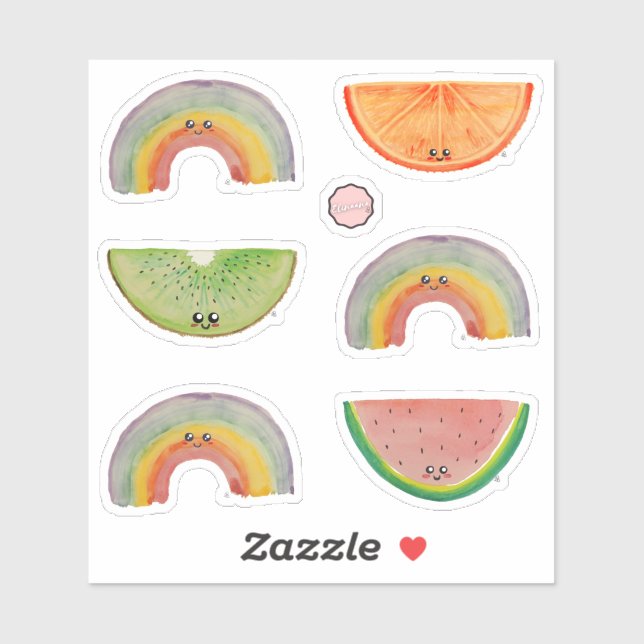 Kawaii Aquarell Früchte und Regenbogen Farbenfroh Aufkleber (Blatt)