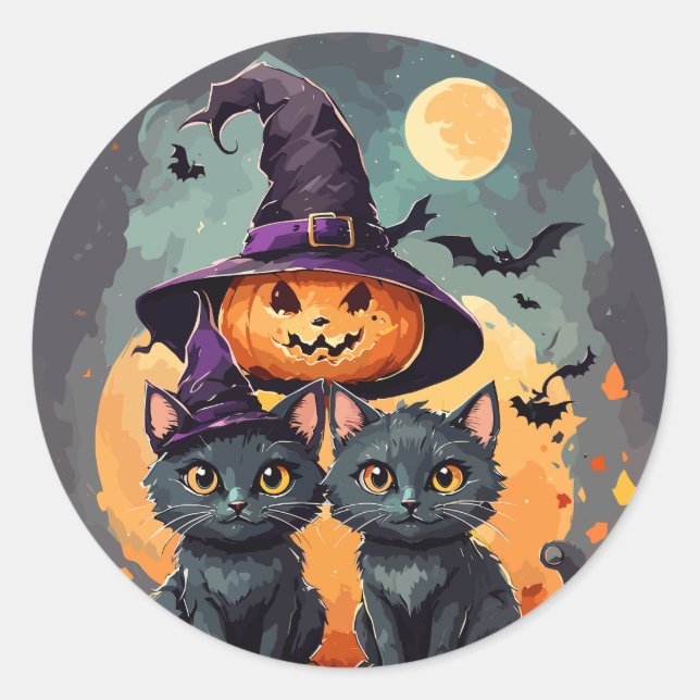 Kawaii Aquarell Schwarze Katzen Happy Halloween Runder Aufkleber (Vorderseite)