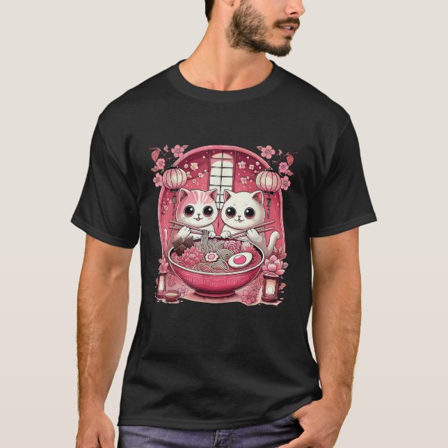 Kawaii Artwork Co Japanese Cat Eating Ramen Anime  T-Shirt (Vorderseite)