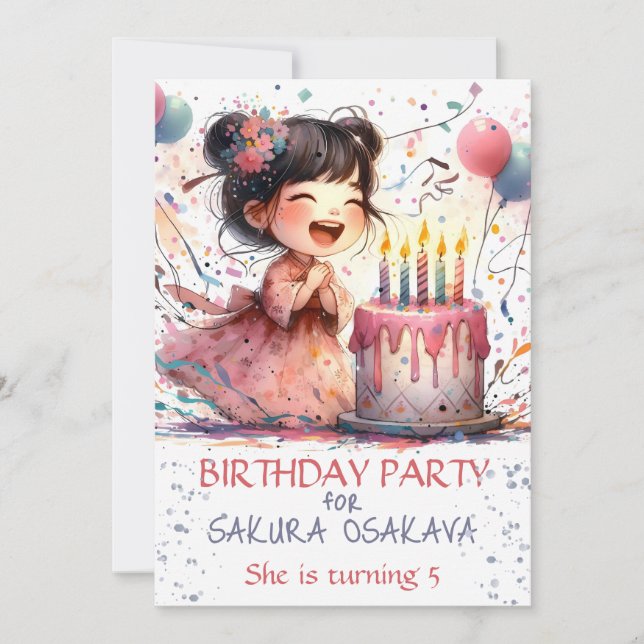 Kawaii Asian girl 5th Birthday cake candells name Einladung (Vorderseite)