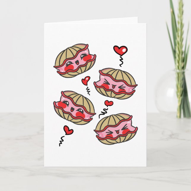 Kawaii Austern in Liebe Valentines Karte (Vorderseite)