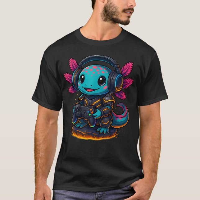 Kawaii Axolotl Playing Video Games Funny Gaming Ax T-Shirt (Vorderseite)