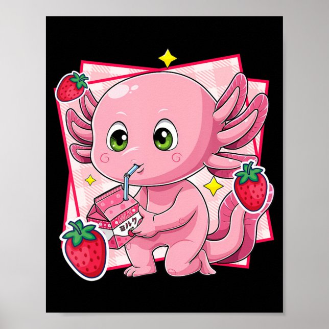 Kawaii Axolotl Strawberry Milk Japanisches Anime-G Poster (Vorne)