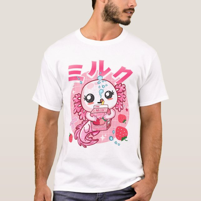 Kawaii Axolotl Strawberry Milk Shake Carton Japane T-Shirt (Vorderseite)