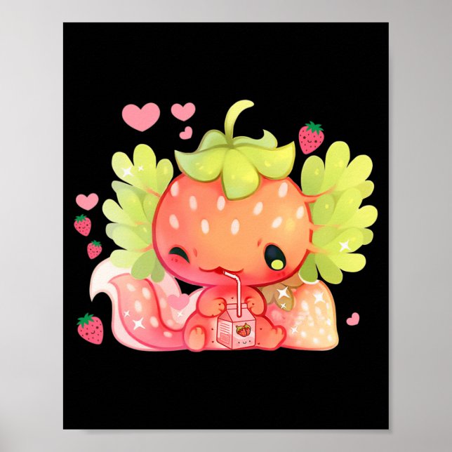 Kawaii Axolotl Strawberry Milk Shake Japanischer A Poster (Vorne)