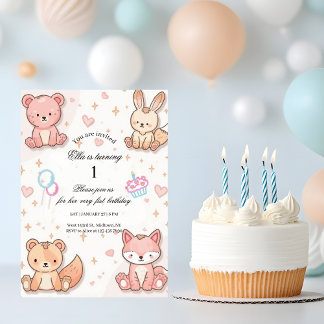 Kawaii Baby Animal 1st Birthday Invitation Einladung