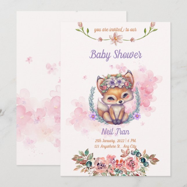 Kawaii Baby Fox Baby Shower Einladung (Vorne/Hinten)
