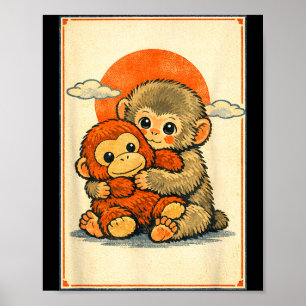 Kawaii-Babyäffchen süßer japanischer Makak Ukiyo-e Poster