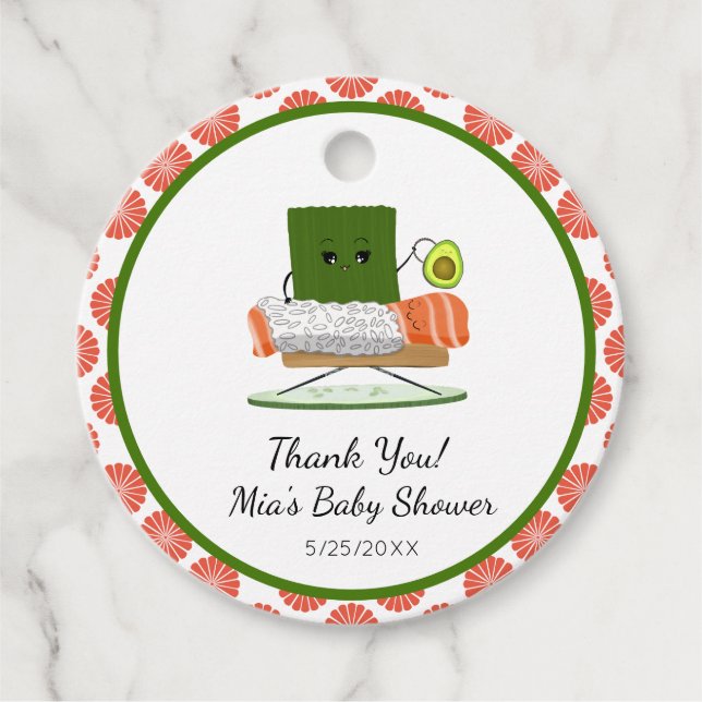 Kawaii Babydusche: Sushi und Salmon Roll Thema Geschenkanhänger (Vorderseite)
