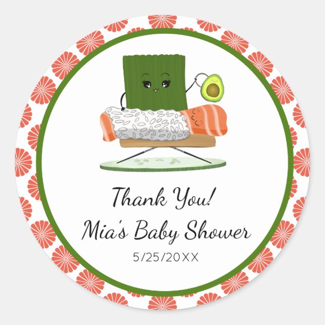 Kawaii Babydusche: Sushi und Salmon Roll Thema Runder Aufkleber (Vorderseite)