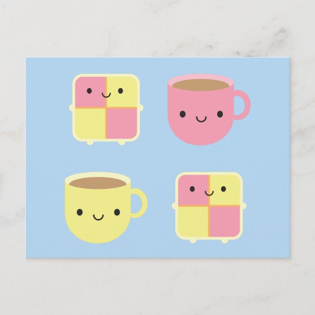 Kawaii Battenberg Kuchen & Cup of Tea Postkarte (Vorderseite)