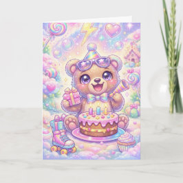 Kawaii Bear Birthday Pastel Rainbow Roller Skate Karte