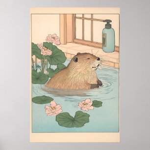 Kawaii-Biber-Ukiyo-e-Druck lustiges Badezimmer Jap Poster