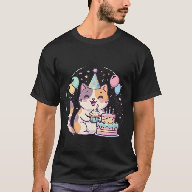 Kawaii Birthday Cat with Cake & Balloons ✨🐾🎂 T-Shirt (Vorderseite)