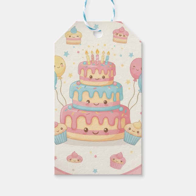 Kawaii Birthday - Cute Cake and Cupcakes Geschenkanhänger (Vorderseite)