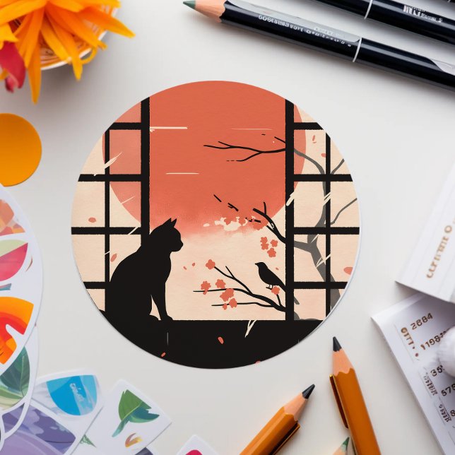 Kawaii Black Cat near Window - Japanische Ästhetik Runder Aufkleber (Von Creator hochgeladen)