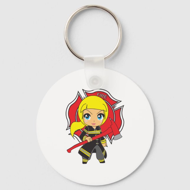 Kawaii Blonde Feuerwehrmädchen Schlüsselanhänger (Vorderseite)