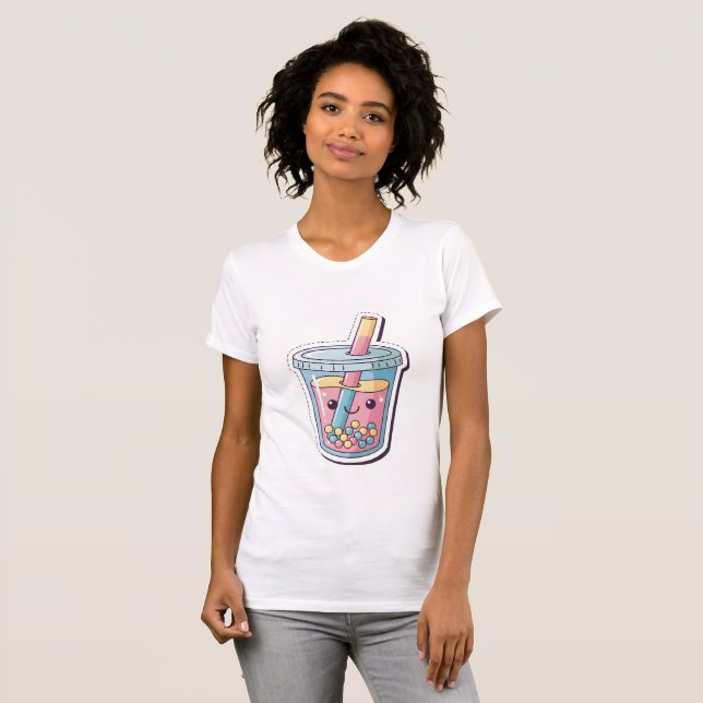 Kawaii Blue Boba Tea T-Shirt | Cute Smiling Bubble (Vorne ganz)