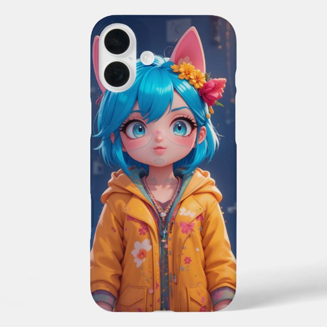 Kawaii Blue-Hair Cat Girl iPhone 16 Plus Hülle (Rückseite)