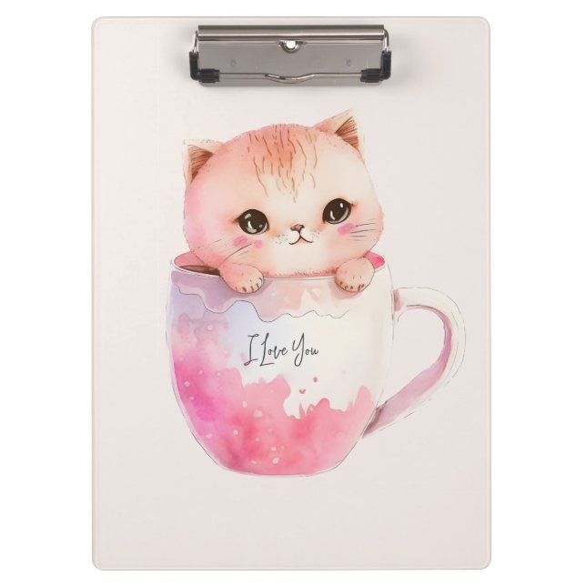Kawaii Blushing Pink Chibi Cat Klemmbrett (Vorderseite)