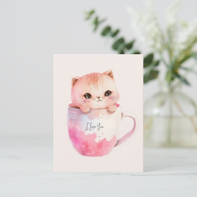 Kawaii Blushing Pink Chibi Cat Postkarte (Stehend Vorderseite)