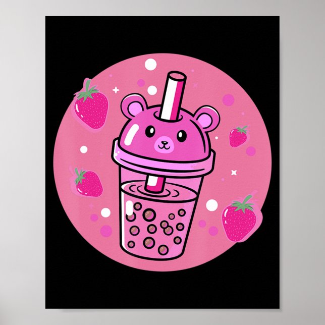 Kawaii Boba Cup Strawberry Anime Bubble Tee Niedli Poster (Vorne)