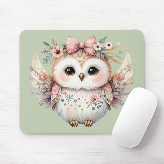 Kawaii Boho Owl Illustration Green Mousepad (Mit Mouse)