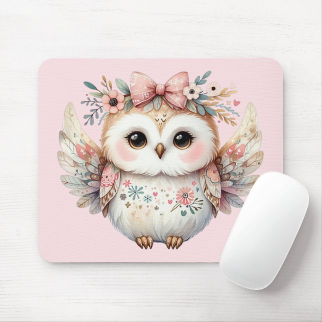 Kawaii Boho Owl Illustration Pink Mousepad (Mit Mouse)