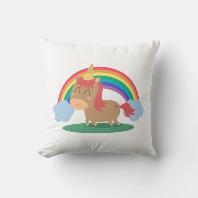 Kawaii Brown Pferd, das versucht, ein Einhorn zu Kissen (Vorderseite)