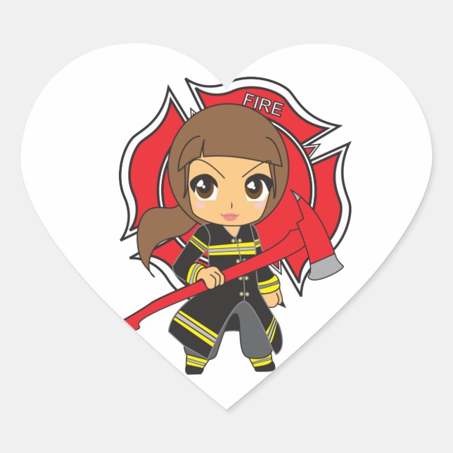 Kawaii Brünette Feuerwehrfrau - Herz-Aufkleber (Vorderseite)