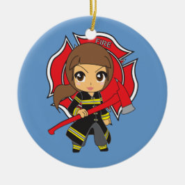 Kawaii brünette Feuerwehrmann-Mädchen-Verzierung Keramikornament