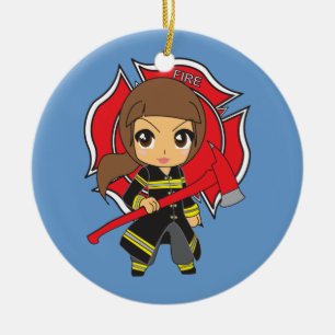 Kawaii brünette Feuerwehrmann-Mädchen-Verzierung Keramikornament