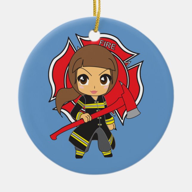 Kawaii brünette Feuerwehrmann-Mädchen-Verzierung Keramikornament (Vorne)