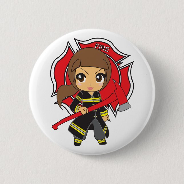 Kawaii brünettes Feuerwehrmann-Mädchen - Button (Vorderseite)