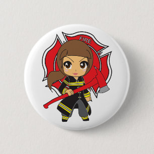 Kawaii brünettes Feuerwehrmann-Mädchen - Button