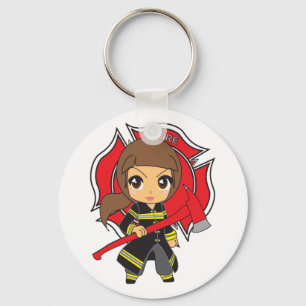 Kawaii brünettes Feuerwehrmann-Mädchen Schlüsselanhänger